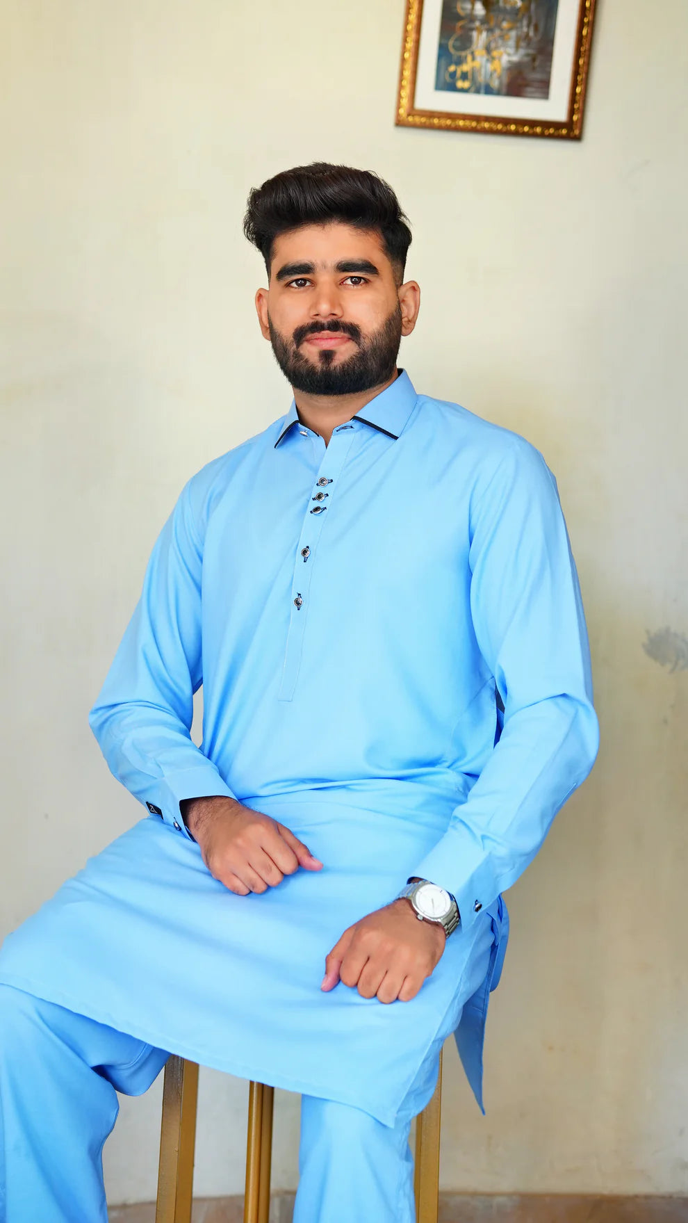 UNSTITCHED PREMIUM 🔥 SKY BLUE SHALWAR KAMEEZ WITH COLAR (M4-0013)