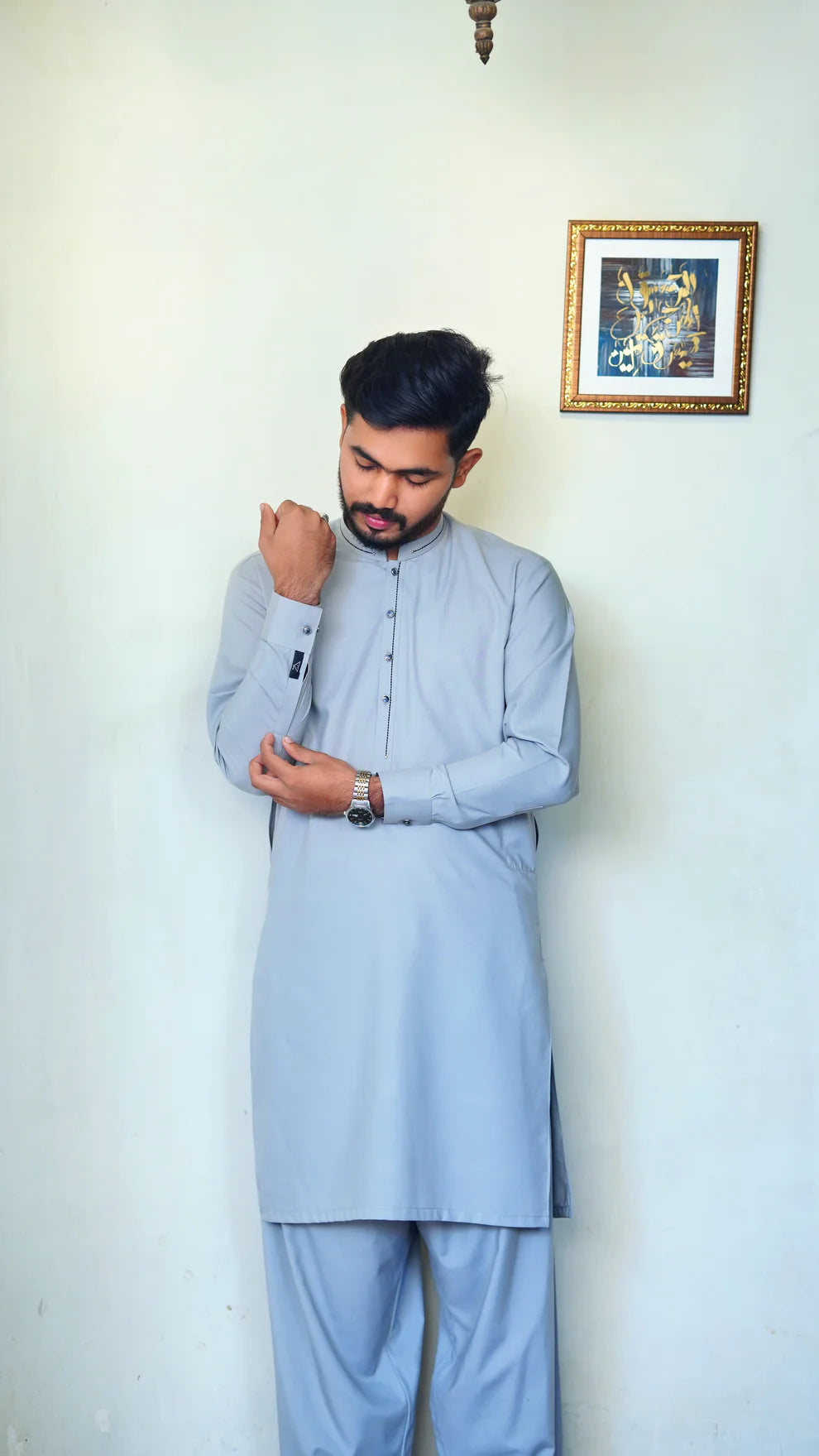 STITCHED PREMIUM 🔥 GRAY SHALWAR KAMEEZ WITH BAN WITH BLACK COLOR STRIP (M4-0011)