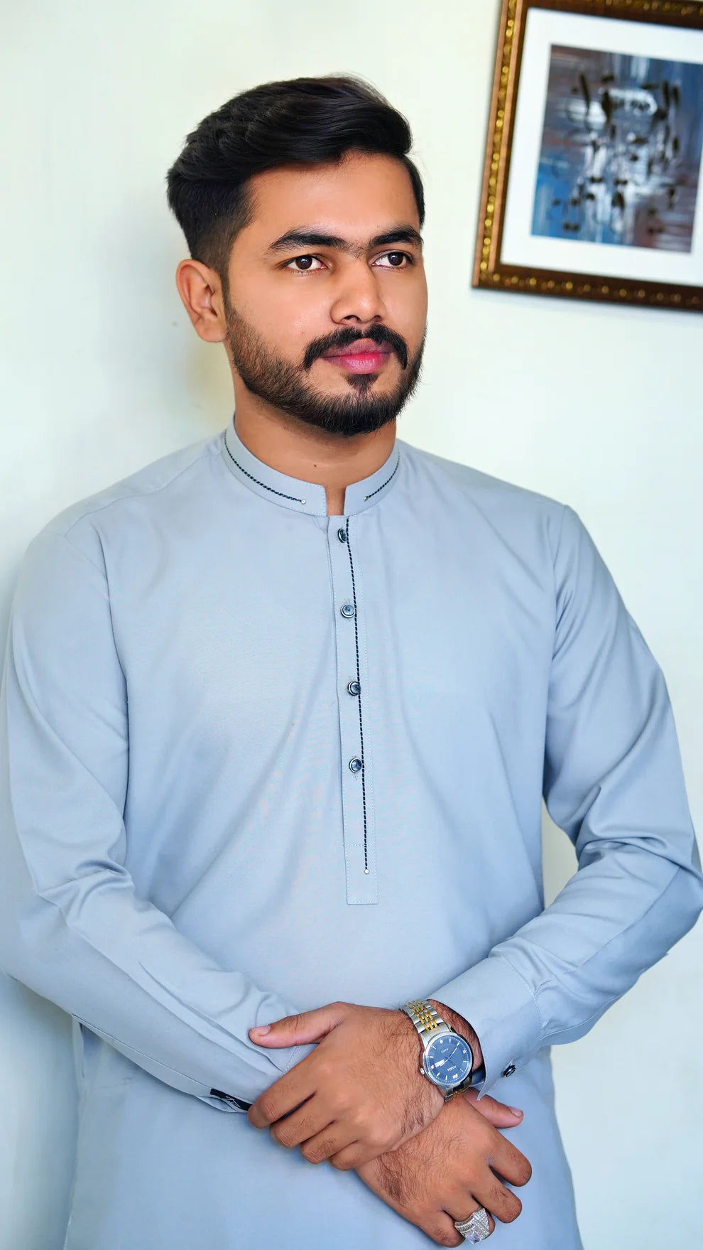 STITCHED PREMIUM 🔥 GRAY SHALWAR KAMEEZ WITH BAN WITH BLACK COLOR STRIP (M4-0011)