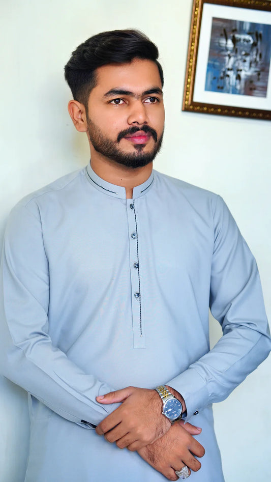 UNSTITCHED PREMIUM 🔥 GRAY SHALWAR KAMEEZ WITH BAN WITH BLACK COLOR STRIP (M4-0011)