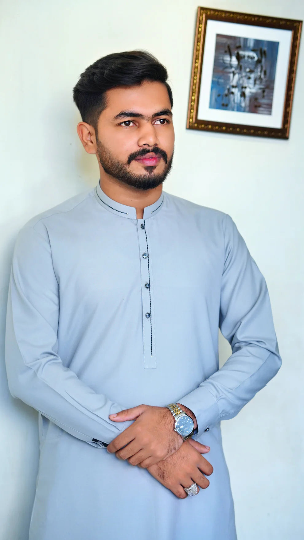 STITCHED PREMIUM 🔥 GRAY SHALWAR KAMEEZ WITH BAN WITH BLACK COLOR STRIP (M4-0011)