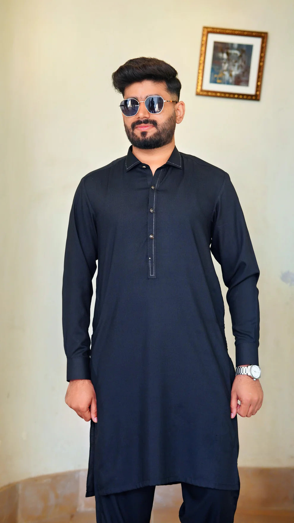 STITCHED PREMIUM 🔥 BLACK SHALWAR KAMEEZ WITH COLAR WITH BLACK STRIP (M4-0018)