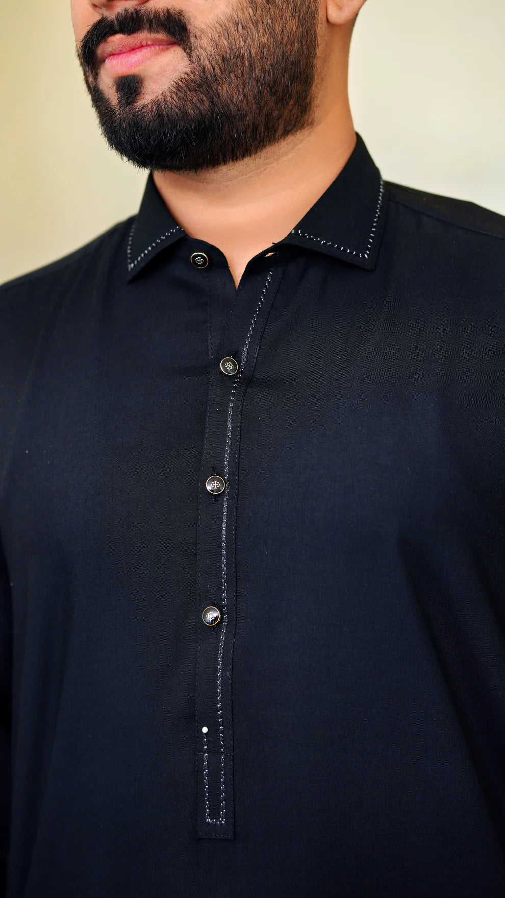 STITCHED PREMIUM 🔥 BLACK SHALWAR KAMEEZ WITH COLAR WITH BLACK STRIP (M4-0018)