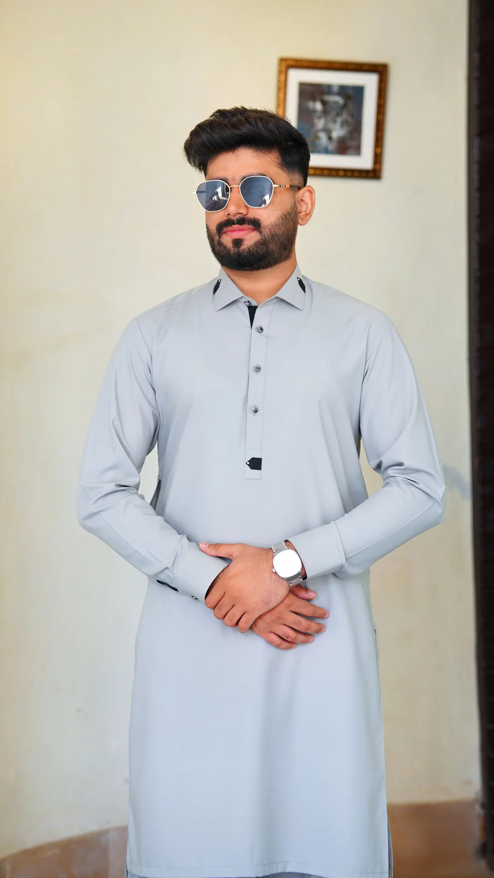 STITCHED PREMIUM 🔥 SILVER GRAY SHALWAR KAMEEZ WITH COLAR WITH BLACK STRIP (M4-0015)