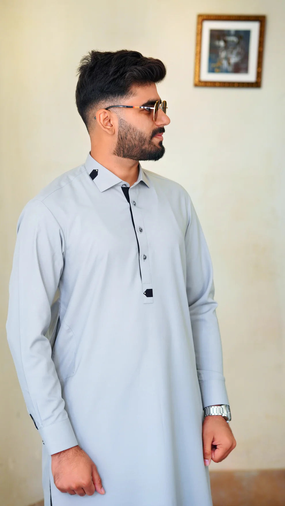 STITCHED PREMIUM 🔥 SILVER GRAY SHALWAR KAMEEZ WITH COLAR WITH BLACK STRIP (M4-0015)