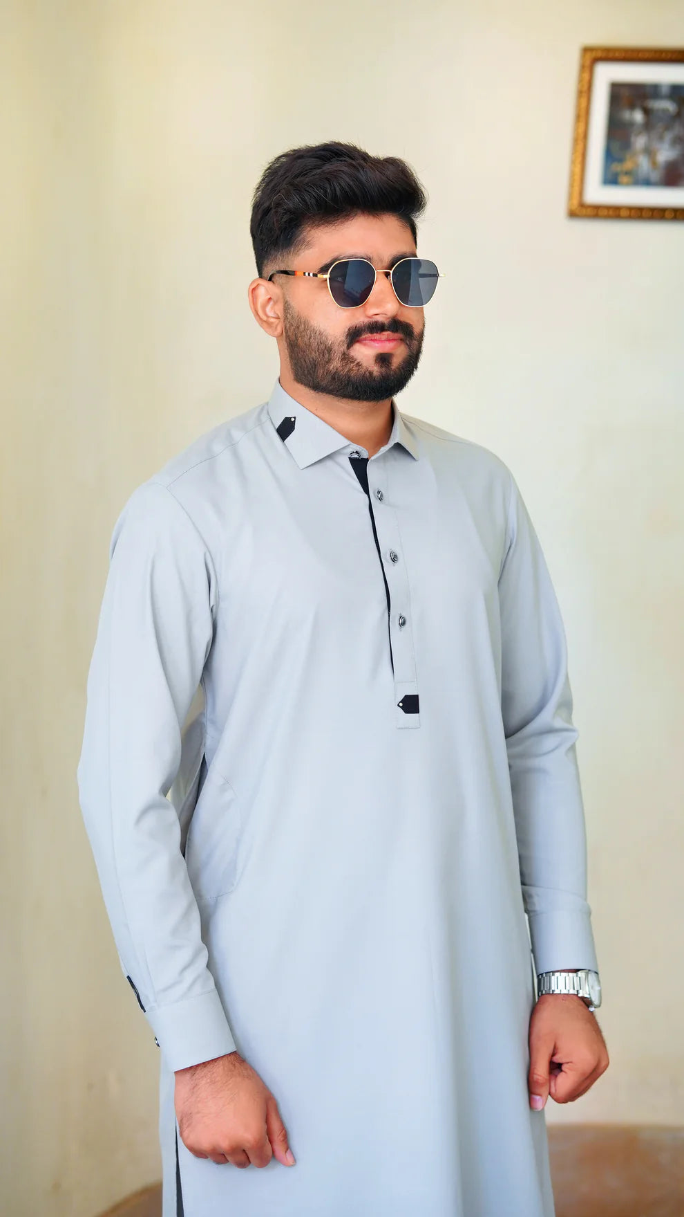 STITCHED PREMIUM 🔥 SILVER GRAY SHALWAR KAMEEZ WITH COLAR WITH BLACK STRIP (M4-0015)