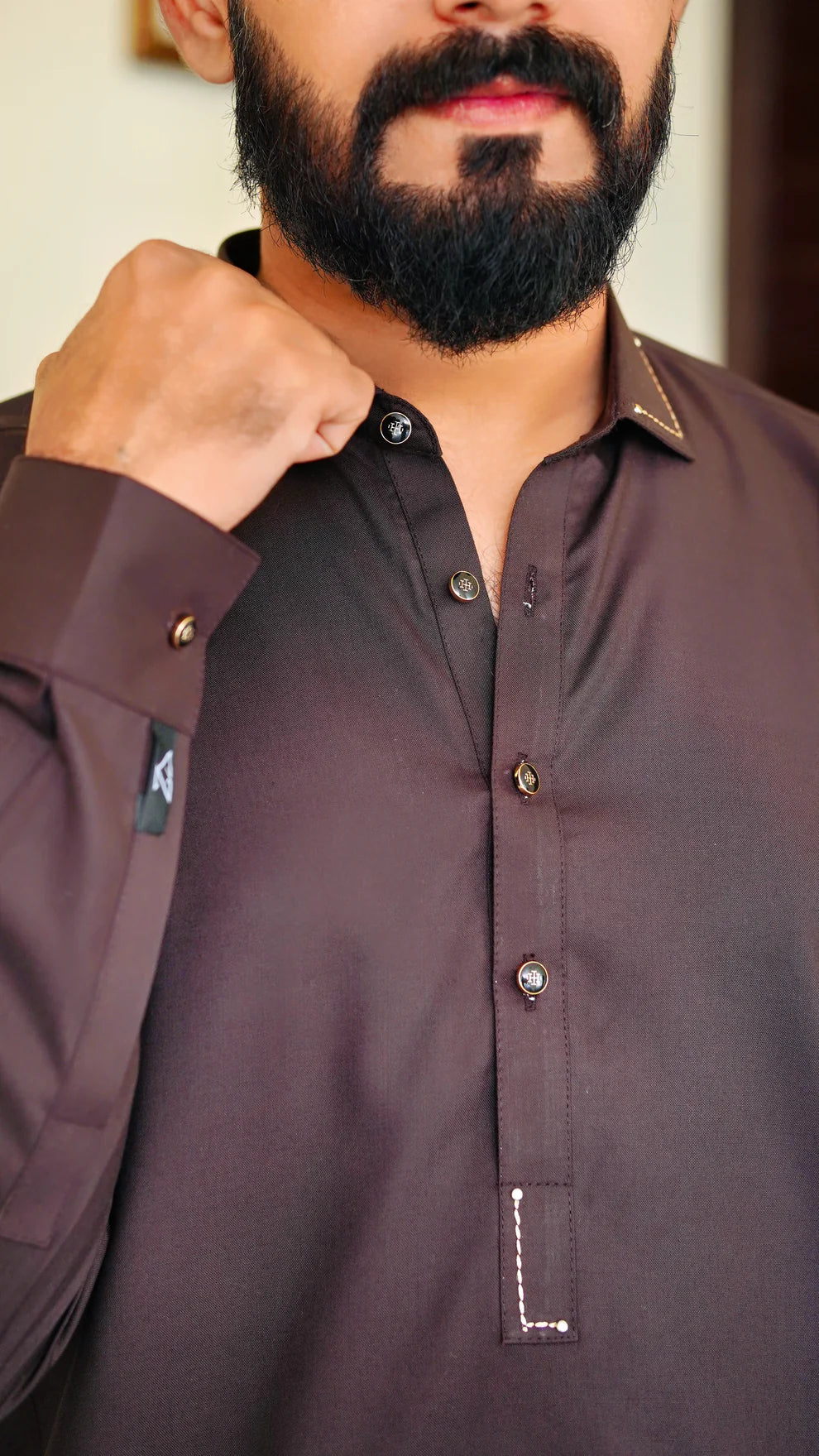 STITCHED PREMIUM 🔥 BROWN SHALWAR KAMEEZ WITH COLAR WITH GOLDEN STRIP (M4-0012)