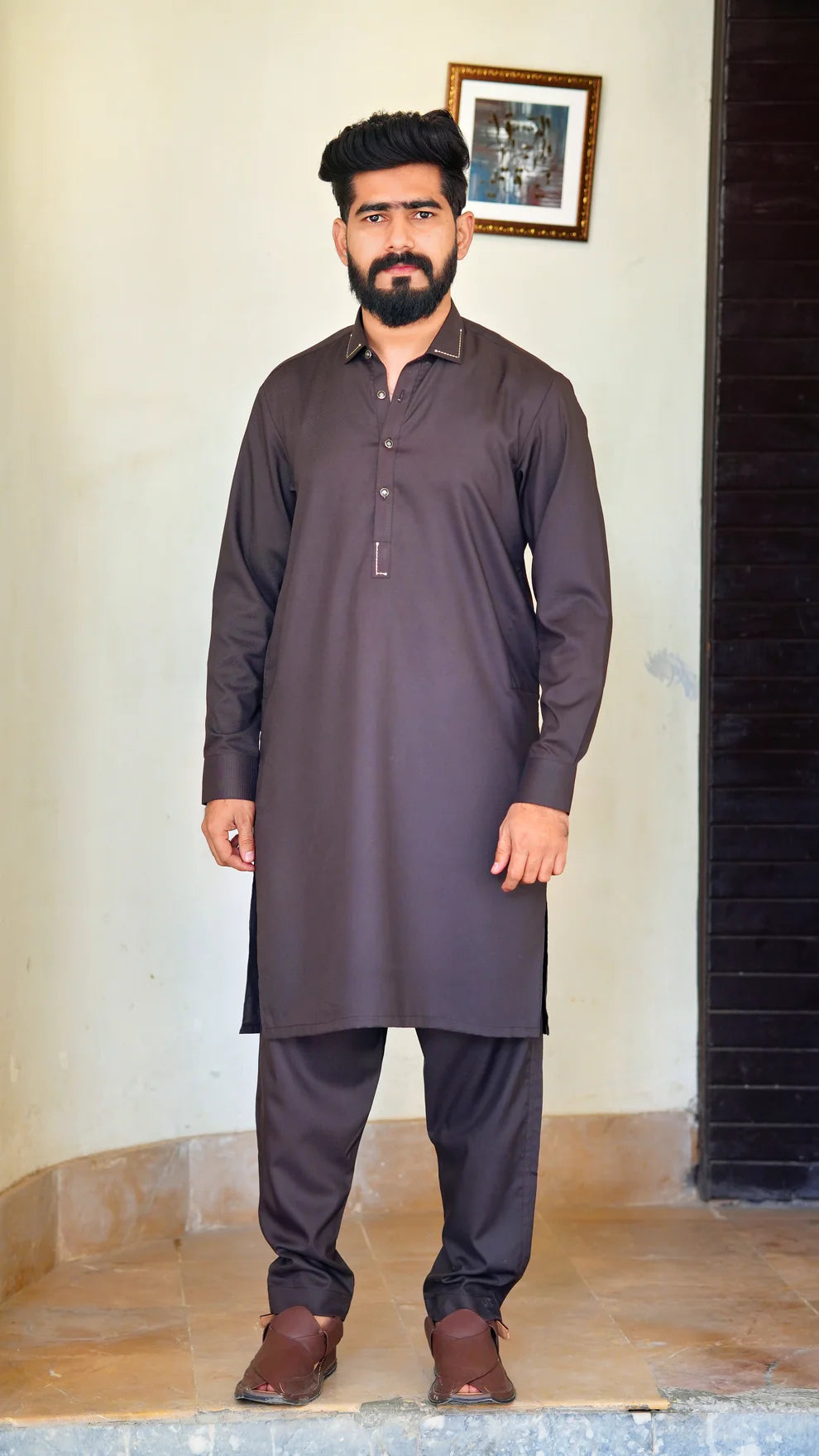 STITCHED PREMIUM 🔥 BROWN SHALWAR KAMEEZ WITH COLAR WITH GOLDEN STRIP (M4-0012)