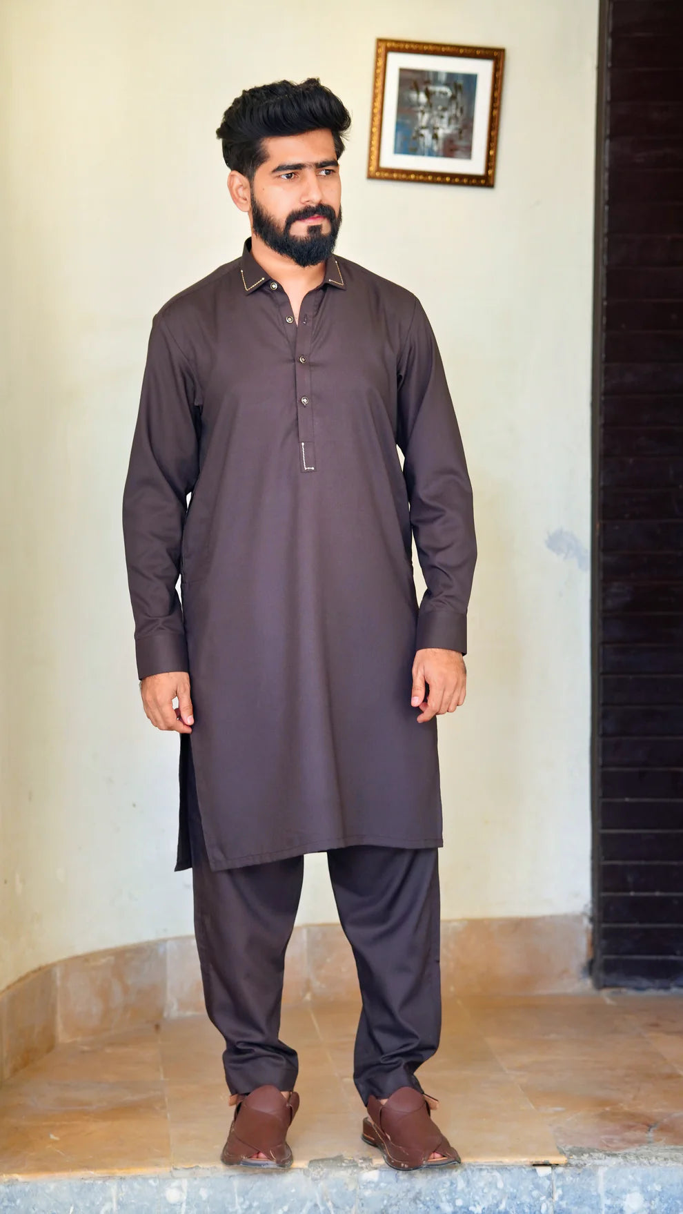 STITCHED PREMIUM 🔥 BROWN SHALWAR KAMEEZ WITH COLAR WITH GOLDEN STRIP (M4-0012)