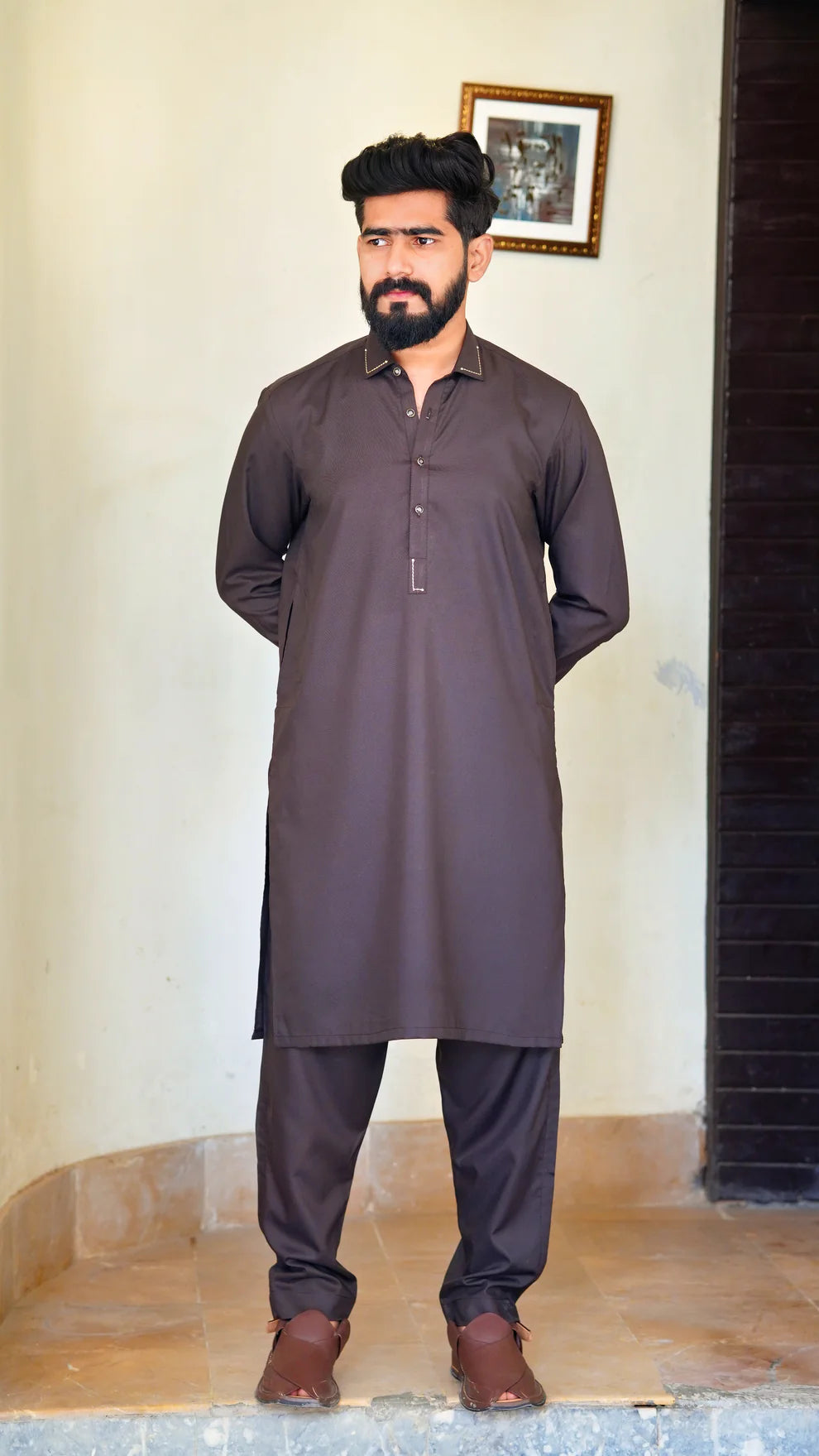 STITCHED PREMIUM 🔥 BROWN SHALWAR KAMEEZ WITH COLAR WITH GOLDEN STRIP (M4-0012)