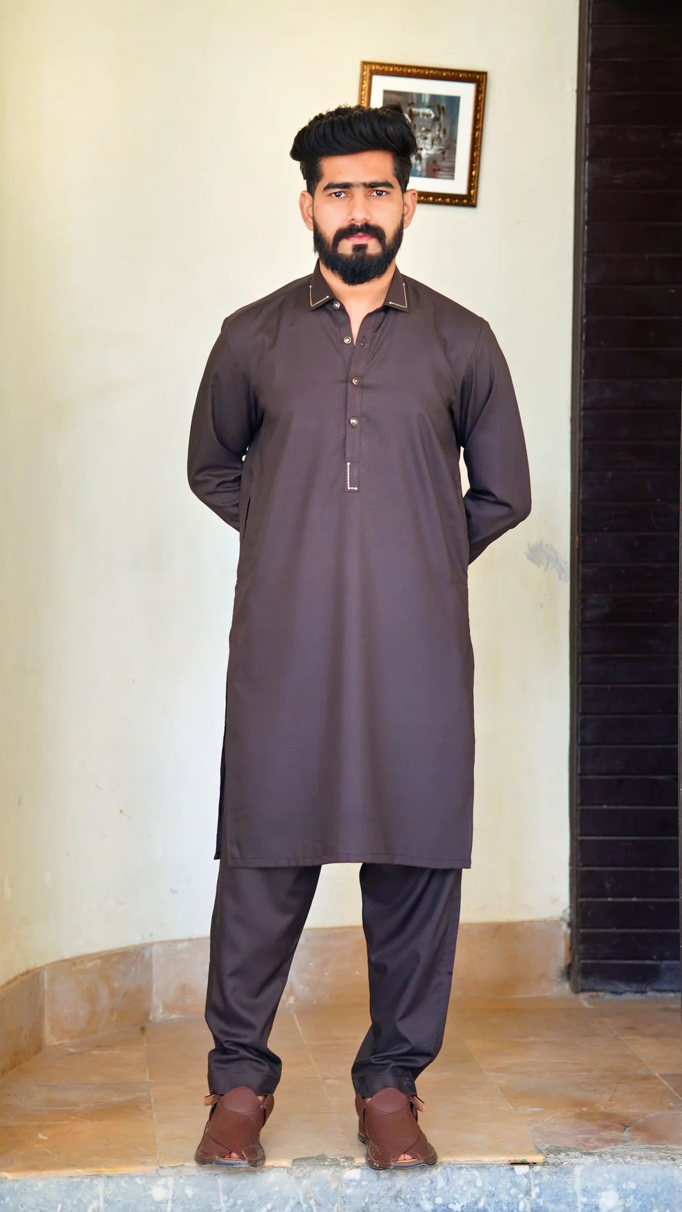 STITCHED PREMIUM 🔥 BROWN SHALWAR KAMEEZ WITH COLAR WITH GOLDEN STRIP (M4-0012)