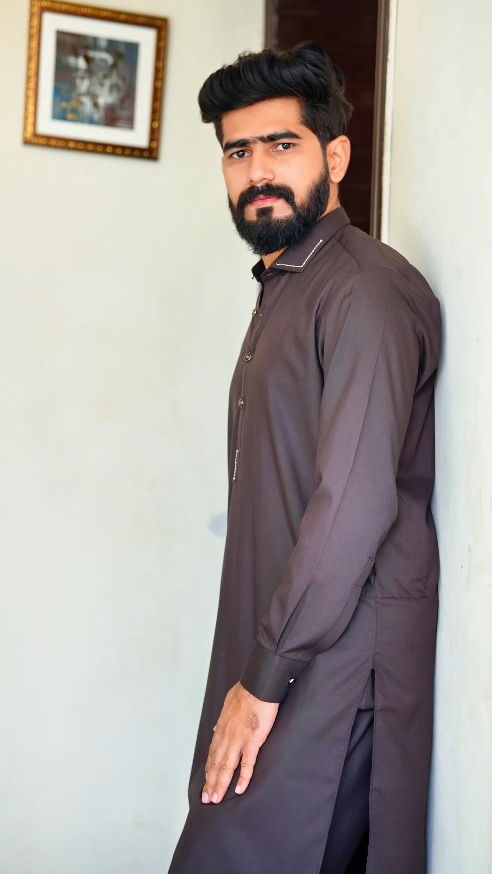 STITCHED PREMIUM 🔥 BROWN SHALWAR KAMEEZ WITH COLAR WITH GOLDEN STRIP (M4-0012)