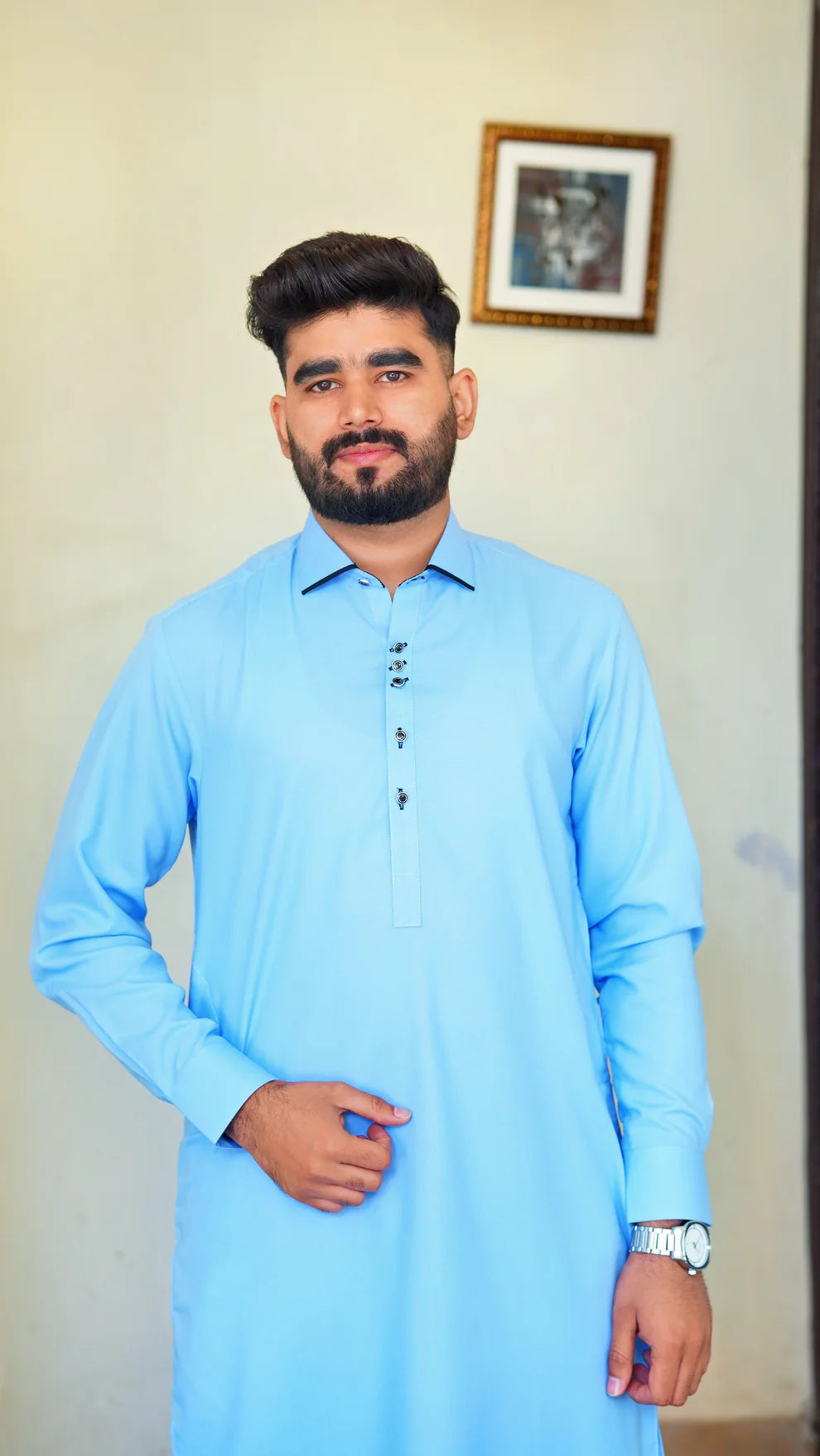 UNSTITCHED PREMIUM 🔥 SKY BLUE SHALWAR KAMEEZ WITH COLAR (M4-0013)