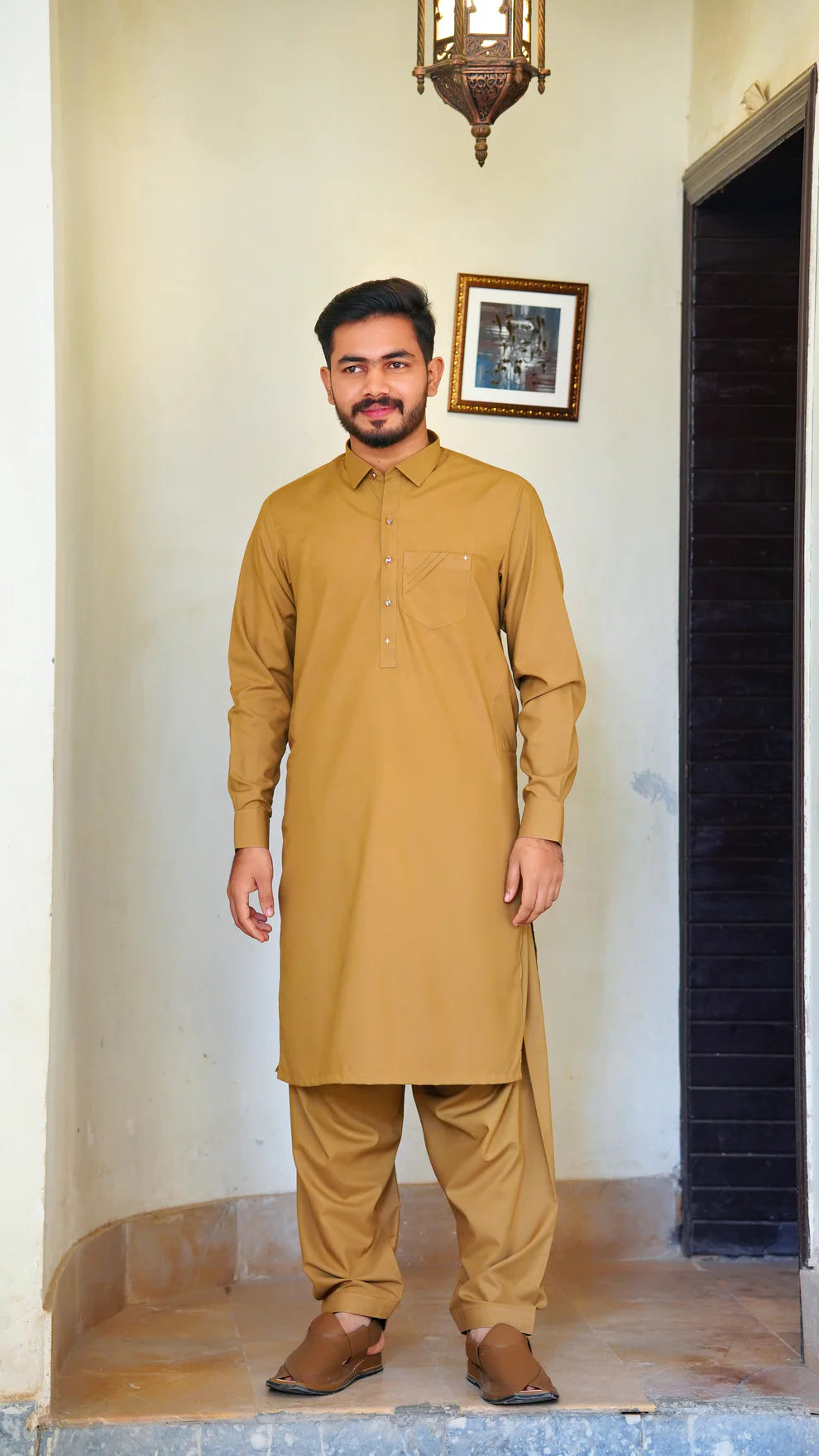 STITCHED PREMIUM 🔥 MUSTERED SHALWAR KAMEEZ WITH COLAR WITH POCKET DESIGN (M4-0016)
