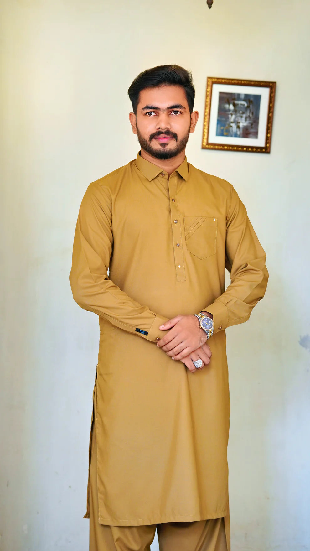 STITCHED PREMIUM 🔥 MUSTERED SHALWAR KAMEEZ WITH COLAR WITH POCKET DESIGN (M4-0016)