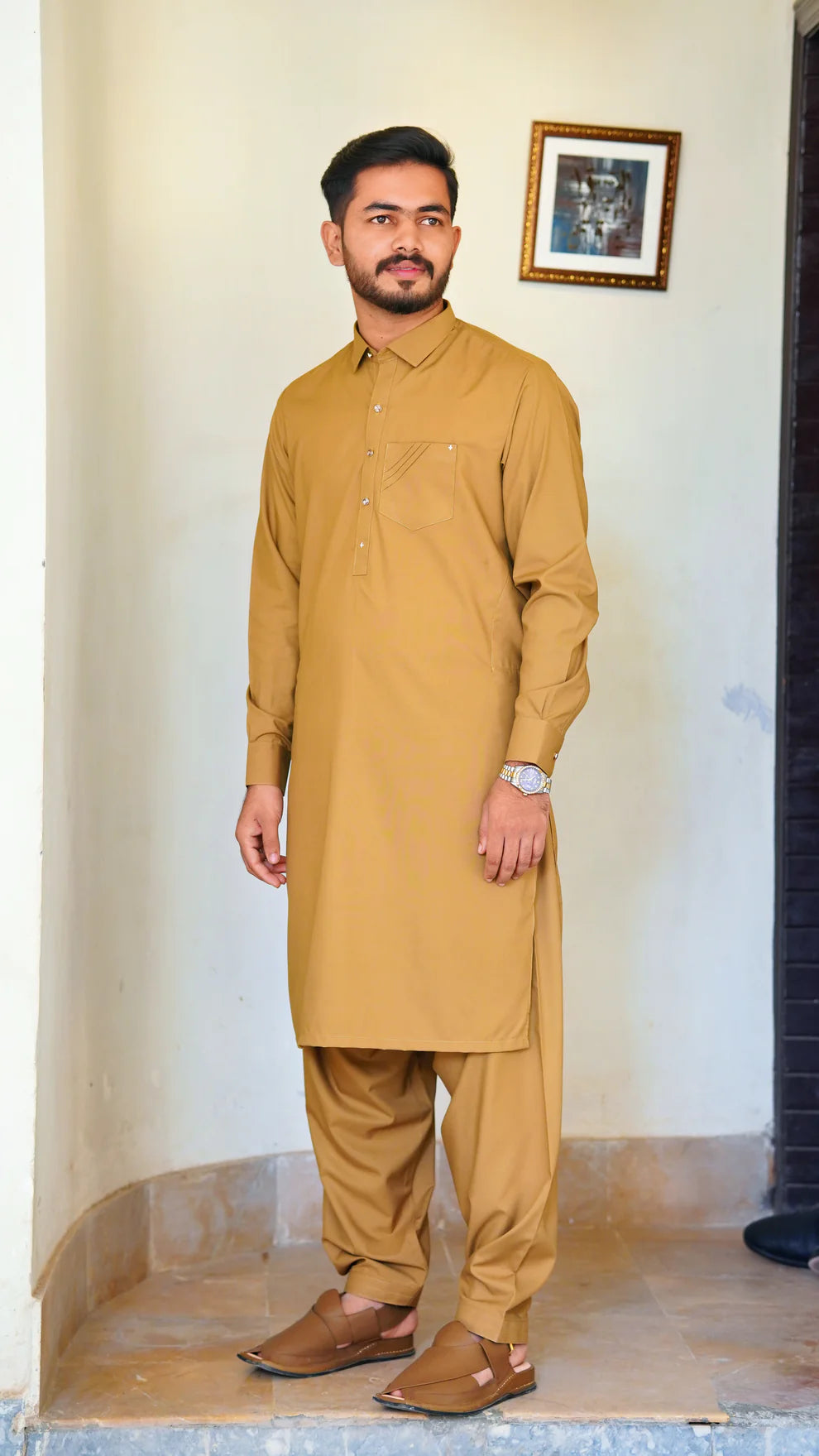 STITCHED PREMIUM 🔥 MUSTERED SHALWAR KAMEEZ WITH COLAR WITH POCKET DESIGN (M4-0016)