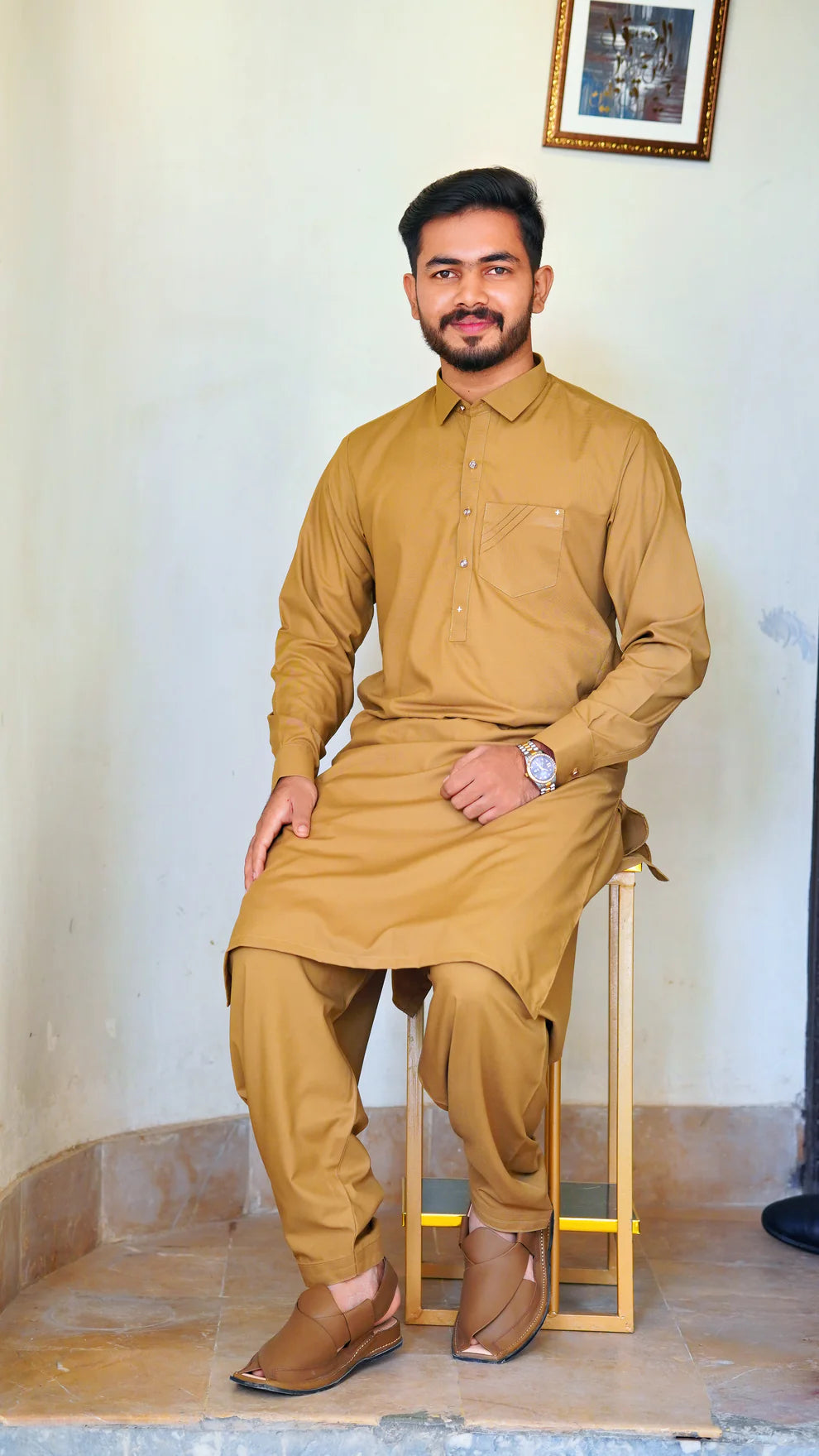 STITCHED PREMIUM 🔥 MUSTERED SHALWAR KAMEEZ WITH COLAR WITH POCKET DESIGN (M4-0016)