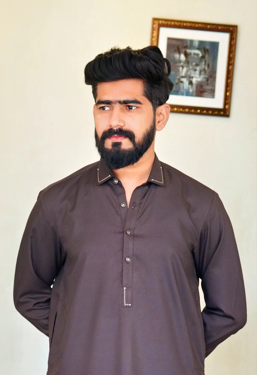STITCHED PREMIUM 🔥 BROWN SHALWAR KAMEEZ WITH COLAR WITH GOLDEN STRIP (M4-0012)