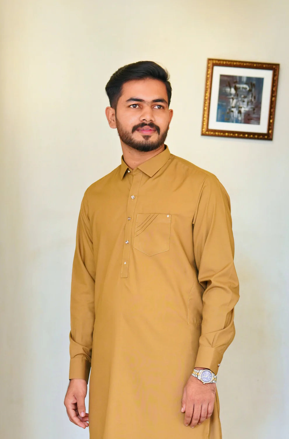 STITCHED PREMIUM 🔥 MUSTERED SHALWAR KAMEEZ WITH COLAR WITH POCKET DESIGN (M4-0016)