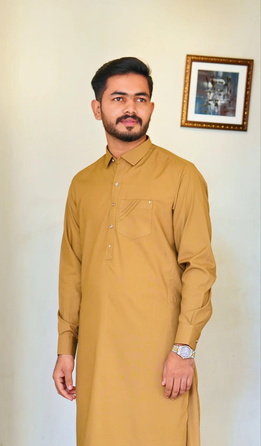 STITCHED PREMIUM 🔥 MUSTERED SHALWAR KAMEEZ WITH COLAR WITH POCKET DESIGN (M4-0016)